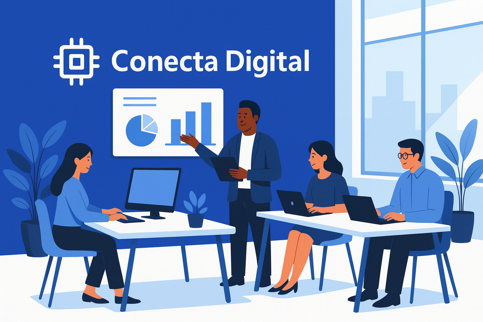 Equipe trabalhando com dashboards e notebooks